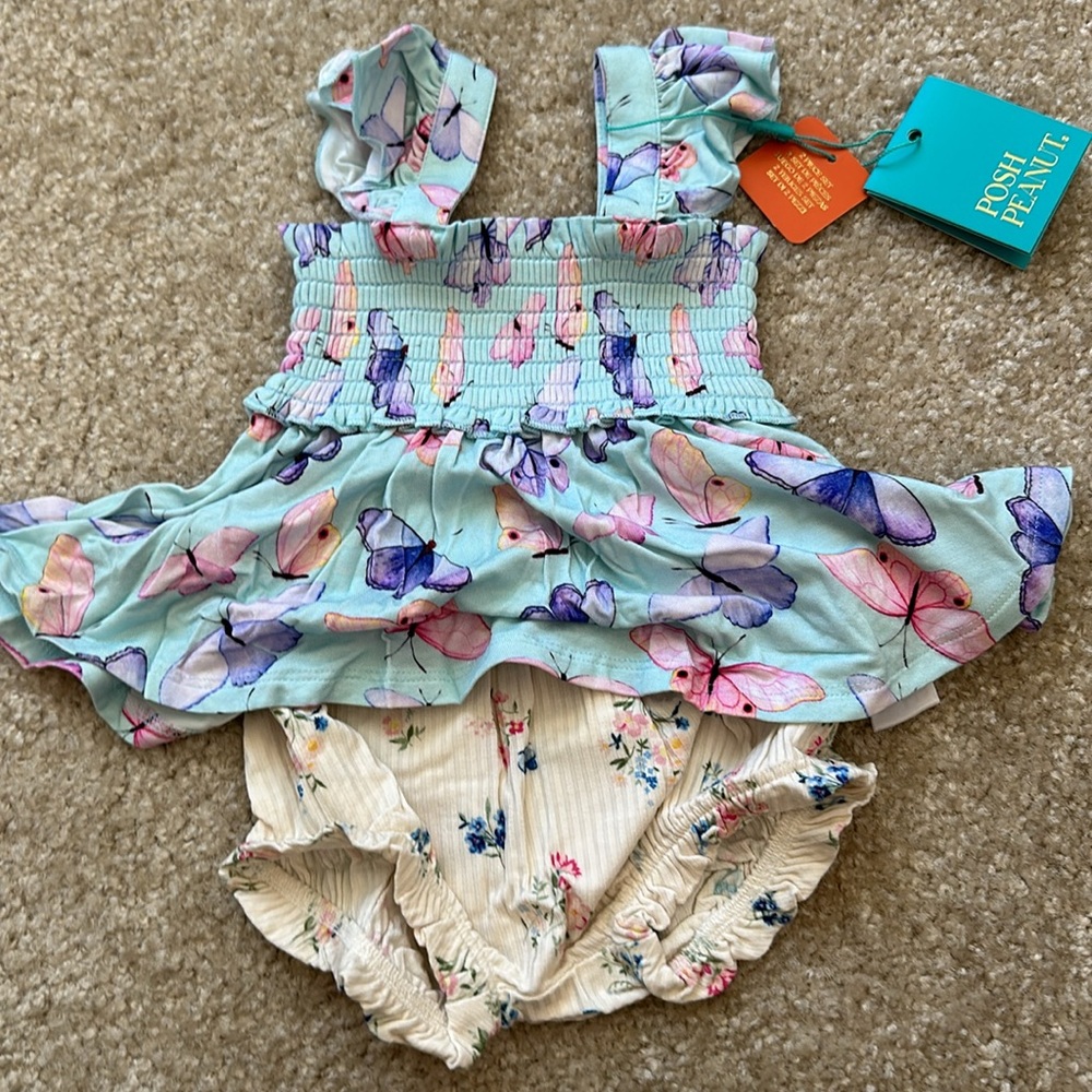 NWT Posh Peanut Bebe Smocked Flutter Top & Bloomer Set – 3–6M